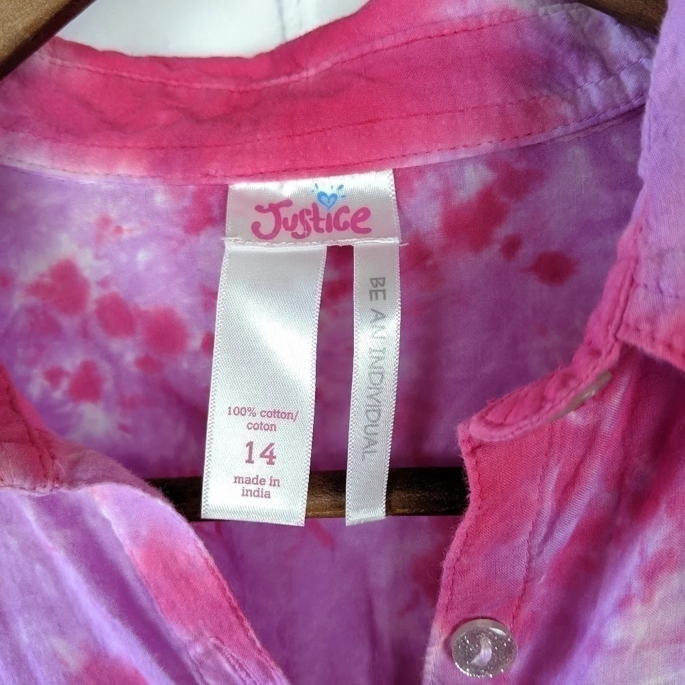 Justice Tie Dye Pink Purple Button-up Shirt Girls‎ 14
